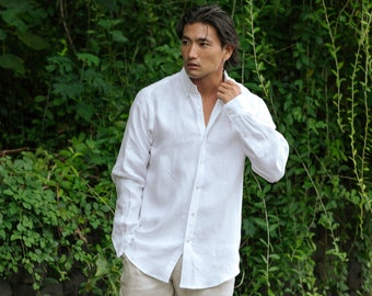 Classic fit linen shirt for men SINTRA in White | Oxford linen shirt | Long sleeve, button down collared shirt for men | Summer shirt