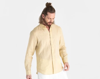 Men's linen shirt WENGEN in Cream. Lightweight linen shirt for men. Long sleeve shirt, button down shirt. Plus size. Mens clothing