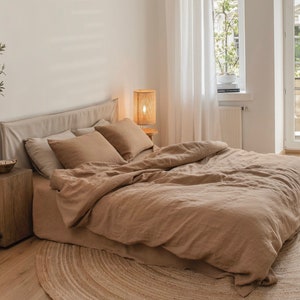 Linen bedding set in Latte. King, Queen duvet cover set. 3 piece washed linen set includes two pillowcases.