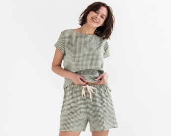 Ensemble pyjama en lin LUNI en vichy vert forêt | Ensemble pyjama | Vêtements de nuit en lin | Vêtements de détente en lin pour femmes