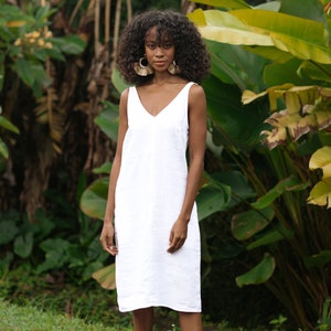 White Cut Out Linen Dress – Sleeveless Midi Summer Dress with Pockets – Boho Resort Outfit – Elegant Handmade Clothing for Women TAHITI