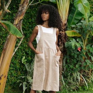 Linen Pinafore Dress with Pockets – Sleeveless Brown Windowpane Midi Dress – European Linen Clothing for Women – Layering Outfit ROATAN