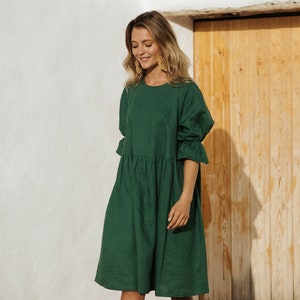 Green Linen Midi Dress – Babydoll Linen Dress with Pockets – Puff Sleeve Summer Dress for Women – Cottagecore Clothing – Gift for Her NERJA