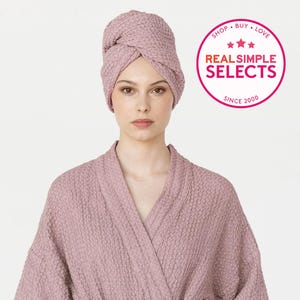 Woodrose Leinen Baumwolle Haar Turban Handtuch - Waffelgewebe Kopftuch mit Knopf - Schnelltrocknendes Handtuch für Spa, Dusche, Maske oder Ölbehandlung Bild 1