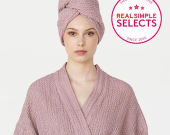 Toalla turbante para el cabello Woodrose de lino y algodón – Turbante de tejido gofrado con botón – Toalla de secado rápido para usar en spas, duchas, mascarillas o tratamientos con aceites.