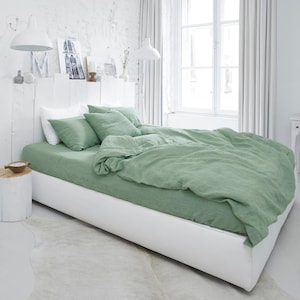 Matcha Green Linen Duvet Cover Set – 3 Piece Queen King Bedding – Natural Midweight Bed Set Green – Breathable Duvet Cover with Pillowcases