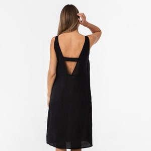 Black Linen Midi Dress – Cut Out Sleeveless Summer Dress for Women – Elegant Boho Resort Outfit – Handmade European Flax Clothing TAHITI