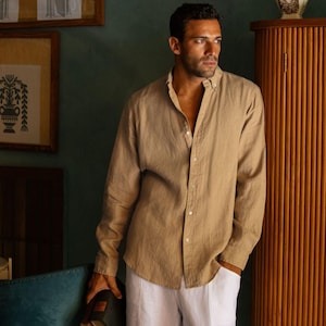 Beige Men's Linen Shirt – Classic Button-Down Shirt for Men – Long Sleeve Lightweight Linen Outfit, Look – Organic Clothing SINTRA Wheat