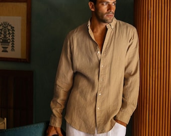 Beige Men's Linen Shirt – Classic Button-Down Shirt for Men – Long Sleeve Lightweight Linen Outfit, Look – Organic Clothing SINTRA