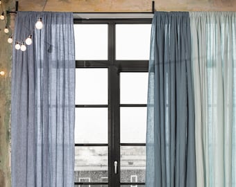 Rod pocket blue linen curtain panel (1 pcs) | Semi-sheer linen drapes in custom sizes | Living room curtains | Boho curtains