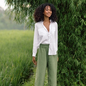 Linen Culottes in Forest Green – Wide Leg Lightweight Linen Pants for Women – Elastic Waist Capri Pants – Ethical Summer Clothing BRUNY