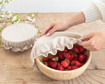 Schüsselabdeckungen aus Naturleinen, 2er-Set – Wiederverwendbare Stoff-Schüsselabdeckungen – Elastische Abdeckungen zum Gären von Brot – Waschbare Deckel für Sauerteig und zur Aufbewahrung von Lebensmitteln