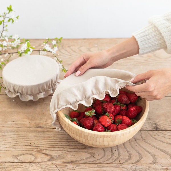 Natural Linen Bowl Cover Set of 2 – Reusable Fabric Bowl Covers – Elastic Bread Proofing Covers – Washable Sourdough and Food Storage Lids