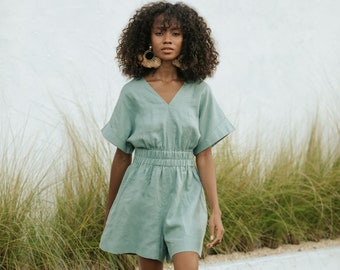 Short sleeve linen romper BASCO in Teal blue | Back zip playsuit with pockets | Elastic high waist | Relaxed fit linen overalls