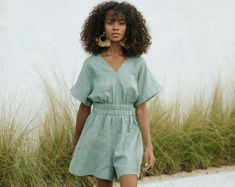 Short Sleeve Linen Romper BASCO in Teal Blue Back Zip Playsuit