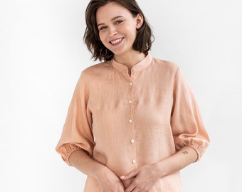 Linen shirt ALAMINOS in Peach pink | Puff sleeve shirt | Linen shirt for women