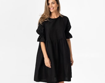 Loose linen dress NERJA in Black | Midi babydoll dress | Puff sleeve black summer dress for women | Knee length dress