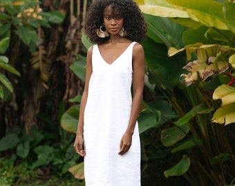 Midi cut out linen dress TAHITI in White | Knee length dress for women | Linen summer dress