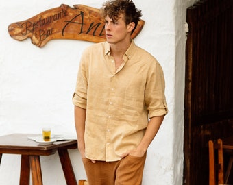 Männer Leinenhemd CORONADO in Sandbeige / Langarmhemd / Männer Sommerhemd