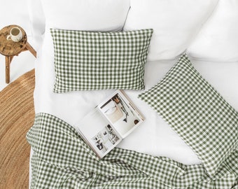 Linen pillow case in Forest green gingham. Farmhouse bedding. Standard Queen King custom size pillow covers