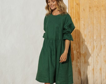 Midi  linen dress NERJA in Green | Puff sleeve loose linen dress for women | Knee length dress | Summer clothing