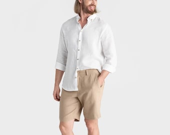 Short en lin classique pour homme GLENCOE. Short en lin blanc pour homme. Short bohème avec poches. Vêtements en lin pour hommes