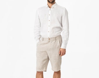 Men's linen shorts VIGAN in Natural melange | Tapered bermuda shorts with pockets | Men's summer shorts | Elastic waist | Belt loops