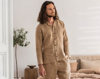 Men's linen loungewear set MONTEREY. Brown windowpane pajama set. Linen sleepwear for men