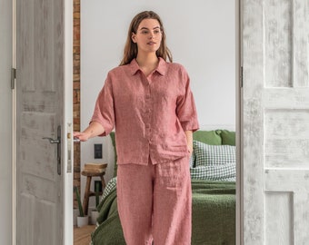 Ensemble de pyjama pour femme Aveira. Pyjama en lin. Vêtements de détente pour femmes. Bas de pyjama, haut, manches 3/4. Vêtements de détente et de nuit