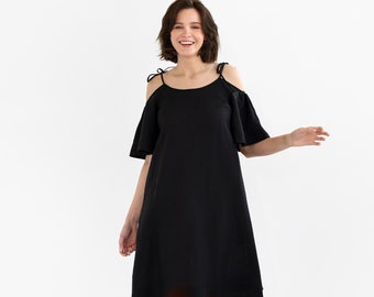 Black linen dress THASSOS | Cold shoulder dress | Linen summer dress | Linen evening dress