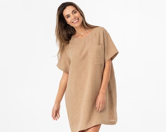 Linen mini dress MIJAS in Brown windowpane | T-shirt dress for women | Boho dress | Linen tunic