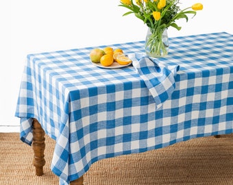 Linen tablecloth in Cobalt blue gingham. Farmhouse tablecloth. Large tablecloth. Handmade stonewashed, housewarming gift