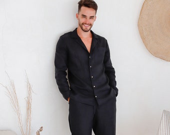 Ensemble pyjama en lin doux pour hommes VIGO avec pantalon / Ensemble pj en lin noir / Vêtements de détente pour hommes