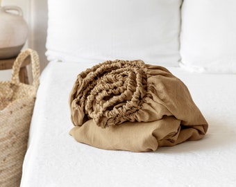 Linen fitted bed sheet in Latte. Stone washed linen bedding. Twin, Queen, King sheet. Farmhouse bedding