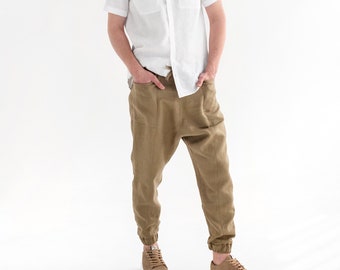 Baggy men's linen pants CURACAO in Dried moss | Elastic waist drop crotch pants for men | Summer clothing
