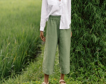 Jupe-culotte en lin BRUNY (Vert forêt) | Pantalon large et léger en lin pour femme | Longueur capri
