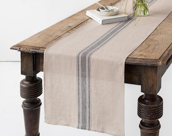 Chemin de table traditionnel en lin rayé gris | Chemin de table à manger rustique | Ferme bohème artisanale | 100 % lin européen épais