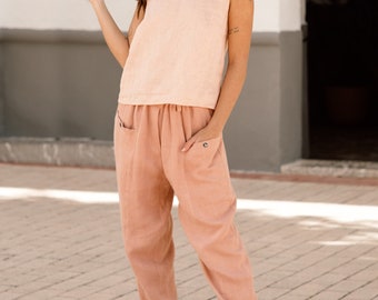 Tapered linen pants KIHEI in Ash rose / Elastic waist pants / Tapered pants / Linen summer pants