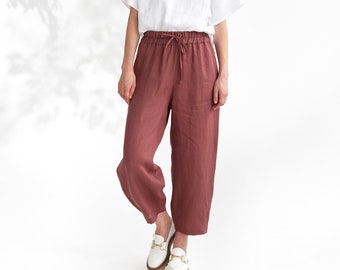 Loose linen pants BESALU / Plum wide leg pants / Drawstring waistband / Linen trousers