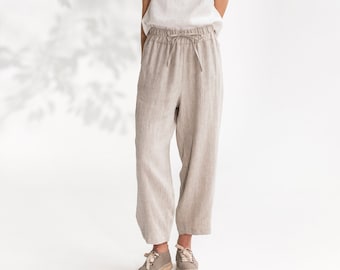 Pantalon ample en lin BESALU / Coupe parfaite / Pantalon large / Cordon de serrage à la taille