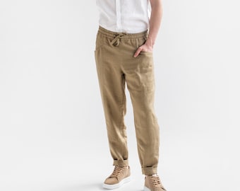 Men's linen pants TRUCKEE in Dried moss | Elastic waist linen trousers | Boho pants