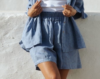 Wide leg linen shorts CUENCA in Denim Chambray | High waisted shorts | Womens shorts with pockets