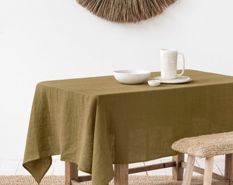 Olive Green Linen Tablecloth. Round, square, rectangular table linens. Custom linen fabric tablecloth.