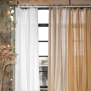 Tie Top Linen Curtain Panel – Semi-Sheer Custom Drapes for Window, Door – Stonewashed Flax Linen Curtain – Boho Farmhouse Living Room Decor