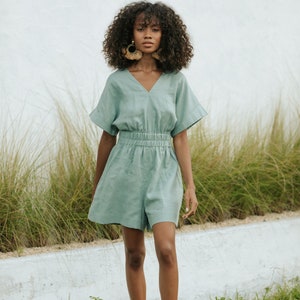 Short sleeve linen romper BASCO in Teal blue | Back zip playsuit with pockets | Elastic high waist | Relaxed fit linen overalls