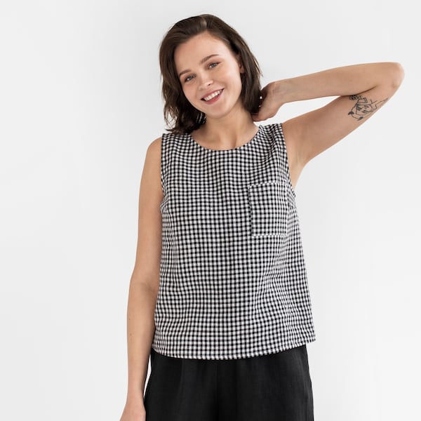 Linen top SILAY in Black gingham | Linen crop top | Linen summer top | Linen blouse for women