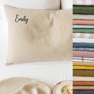 Embroidered Linen Pillowcase – Personalized Flax Cushion Cover – Custom Size Soft Sham in Cinnamon – Stonewashed Linen with Monogram Option