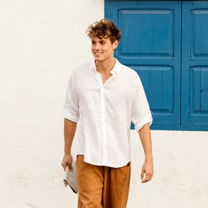 Men's linen shirt CORONADO in White / Long sleeve shirt / Men's linen summer shirt image 2