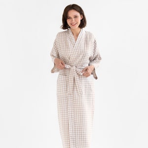 Linen robe MAJORCA in natural gingham Long sleeve linen dressing gown Spa sauna robe Robes for women image 7