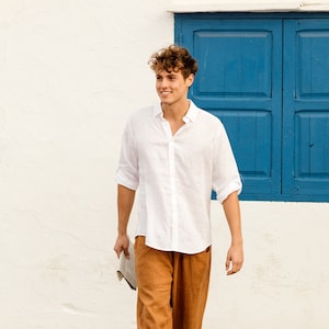 Men's linen shirt CORONADO in White / Long sleeve shirt / Men's linen summer shirt image 1